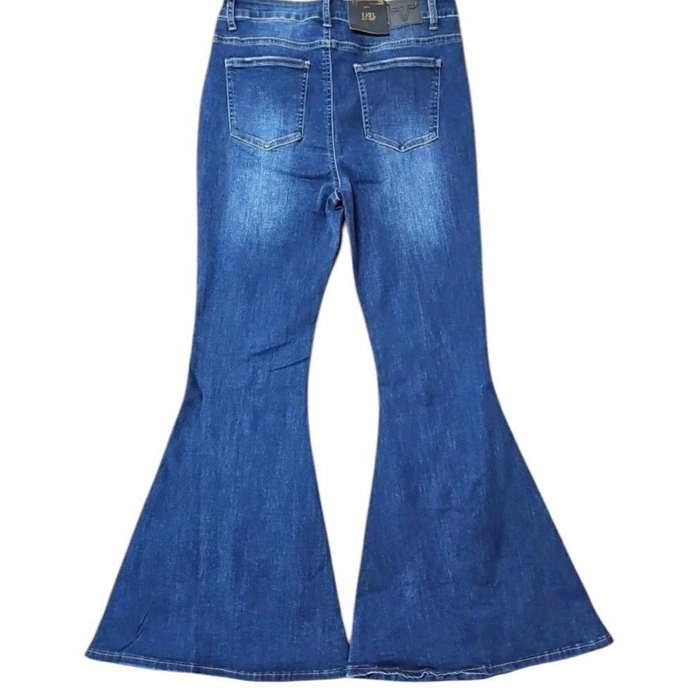 High Rise Button Fly Flare Jeans | Stretch Boutique Denim | Mid Wash | L&B | NWT - Picture 7 of 12